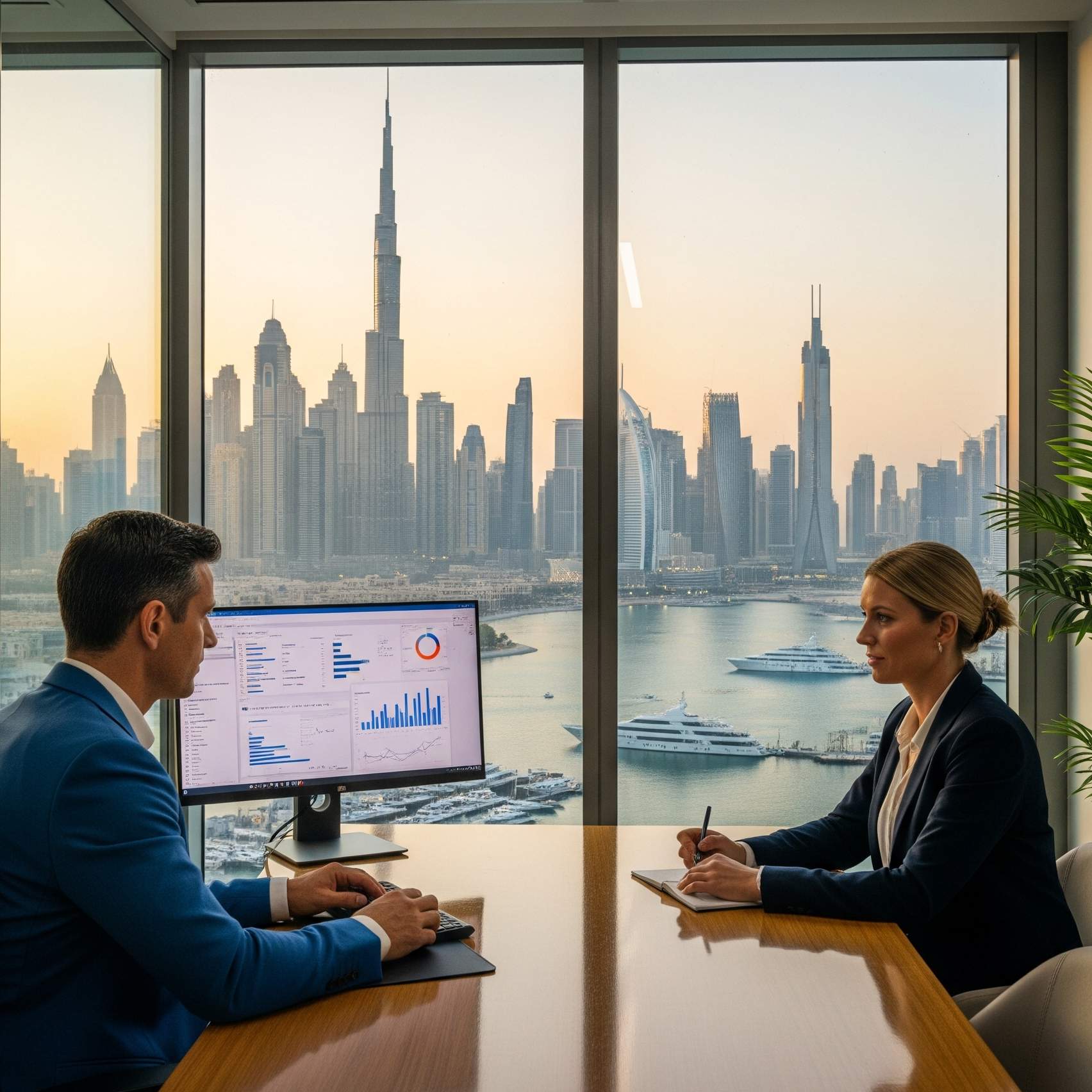 Two people in a Dubai office.